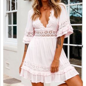 V-Neckline Crochet Lace Trim Dress Pink